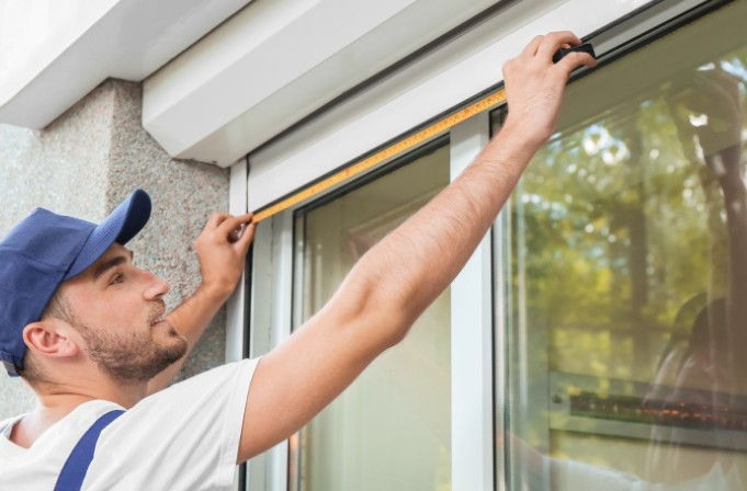 Persianista midiendo con flexómetro el hueco de una ventana para fabricar una persiana a medida en Burgos